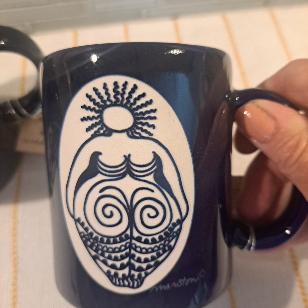 2 Anne Marston Cobalt Blue Goddess Etched Coffee Mugs Cups. New with Tags - Picture 2 of 9